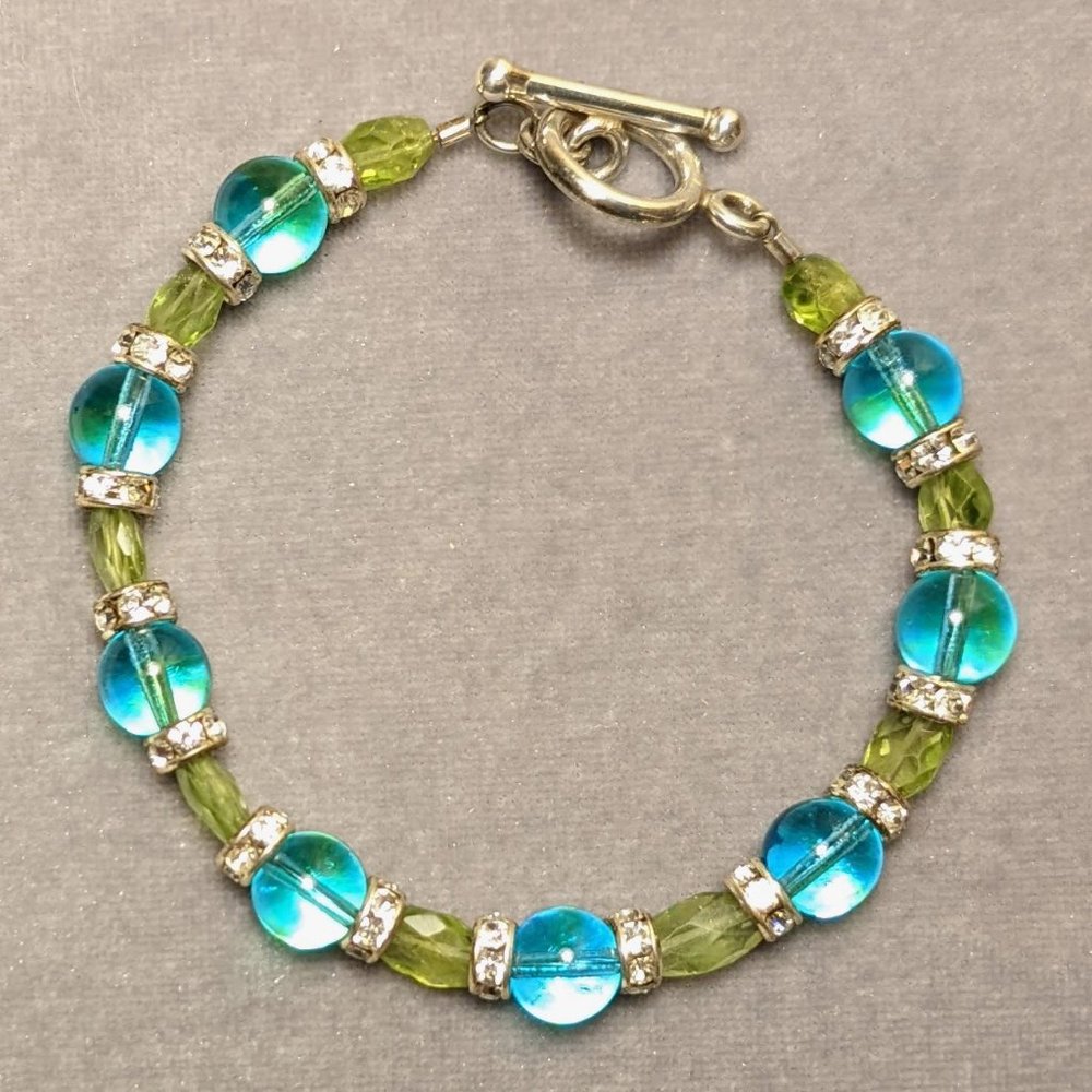 Bracelet with Peridot, Swarovski Crystals, Glass Beads, Sterling Silver Clasp